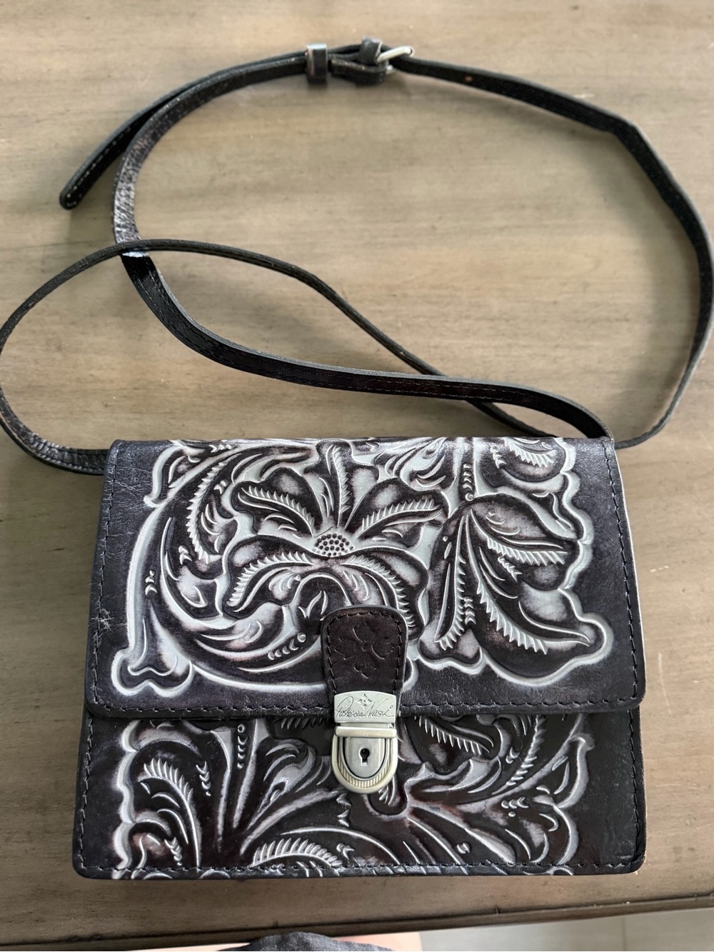Patricia Nash Tooled Floral Leather Crossbody Bag Black Brown Western Boho